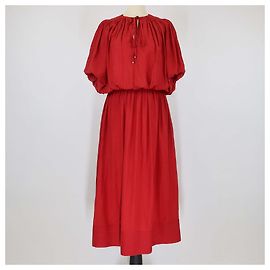 Vestido midi de poliéster vermelho com decote em V e mangas bufantes Lanvin