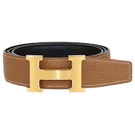 Reversibler Gürtel aus Clemence- und Box-Kalbleder in Gold/Schwarz, gebürstete H-Schnalle. - Hermès