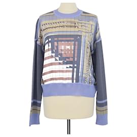 Langarmiger Pullover aus blauer Seidenmischung mit Deja Vu Coaching Druck von Hermes - Hermès
