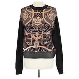 Langarmiger Pullover aus schwarzer Seidenmischung mit Eperon d'Or Bandana-Druck von Hermès