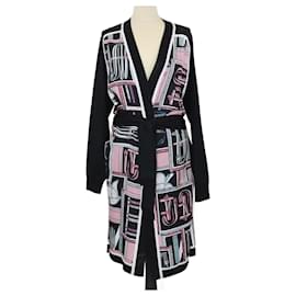 Langer Cardigan mit Gürtel aus schwarzer Seidenmischung mit Lettres Équestres Druck von Hermès