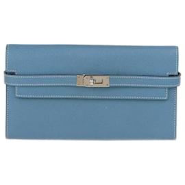Portefeuille Kelly Classic en cuir Epsom bleu jean d'Hermès