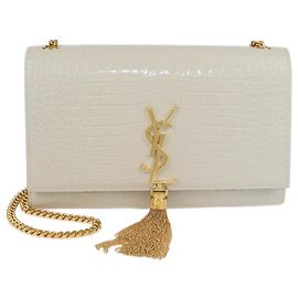 Borsa a spalla media Kate in pelle con stampa coccodrillo bianco sporco di Saint Laurent