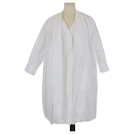 Vestido midi drapeado texturizado de algodón blanco a rayas Loewe