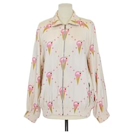 Jacke mit Stehkragen und Reißverschluss aus hellbeiger Seide mit Eiscreme-Druck von Gucci
