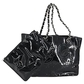 CHANEL Triple Coco Kette Tote Tasche aus Lackleder Schwarz Silber CC Auth 146826