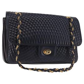 BALLY Borsa a Spalla con Catena Pelle Blu Navy Oro Auth 143089