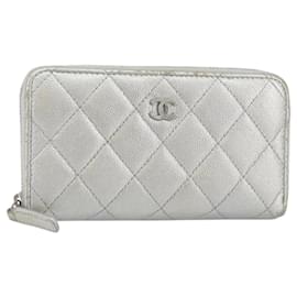 CHANEL Cartera Larga Matelassé Piel Caviar Plata CC Auth 143007 - Chanel