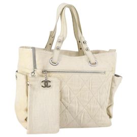CHANEL Paris Biarritz GM Borsa Tote Tela Rivestita Bianca Argento CC Auth 142940
