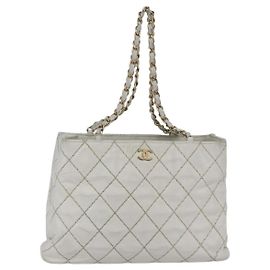 CHANEL Wild Stitch Chain Shoulder Bag Lamb Skin White Gold CC Auth BA6359