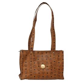 Borsa Tote MCM Logogram Vicetos in pelle PVC marrone e oro Auth am9032
