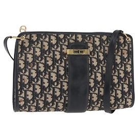 Christian Dior Trotter Canvas Schultertasche Navy Gold Auth 150350