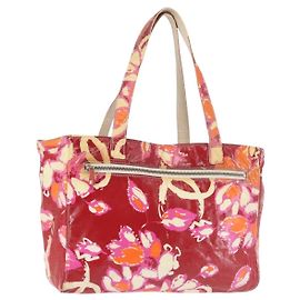 CHANEL Hochsommer Tote Bag Vinyl Rot Silber CC Auth 143512