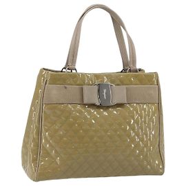 Salvatore Ferragamo Vala Tote Bag Emaille Khaki Silber Auth 144975