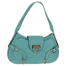 Borsa Gancini in pelle blu turchese oro Auth 145501V di Salvatore Ferragamo