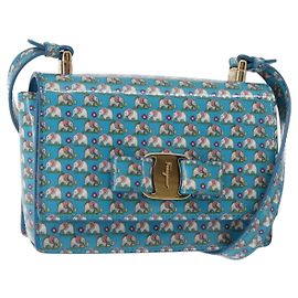 Borsa a Spalla Salvatore Ferragamo Vala Smalto Blu Oro Auth bs30122