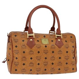 Borsa Boston MCM Logogram Vicetos in pelle PVC marrone e oro Auth gh901