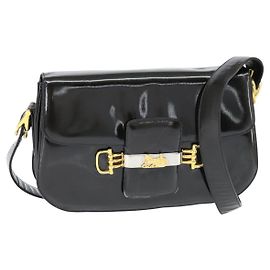 Borsa a Spalla CÉLINE Carrozza Smalto Nero Oro Auth 149158
