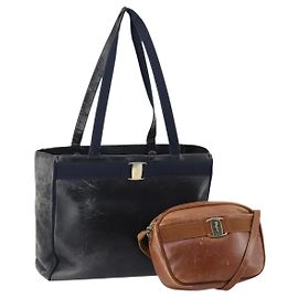 Borsa a Spalla Salvatore Ferragamo Vala in Pelle 2Set Marrone Blu Navy Auth 147275