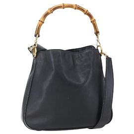 Bolsa de Ombro de Couro Gucci Bamboo 2way Preto Dourado 001 3754 1639 Auth 149973