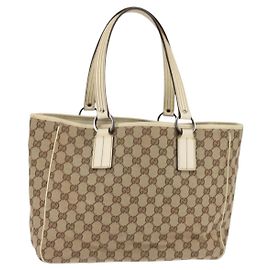 Bolsa Tote em Lona GG Gucci Bege Prata 113017 Auth SW1705