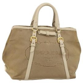 PRADA Borsa a mano in tela beige oro Auth 146705