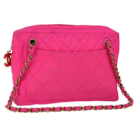 CHANEL Matelassierte Schultertasche mit Kette Nylon Rosa Gold CC Auth 149222