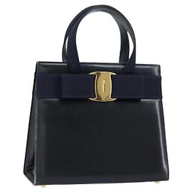 Bolso de mano Vala de cuero azul marino y dorado de Salvatore Ferragamo Auth gh1106
