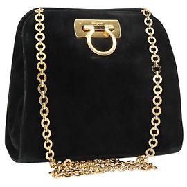 Borsa a spalla Gancini in suede nero e oro Salvatore Ferragamo Auth fm4930