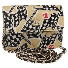 CHANEL Matelassé Bandiera a Scacchi Pochette a Catena in Nylon Oro CC Auth 144883A