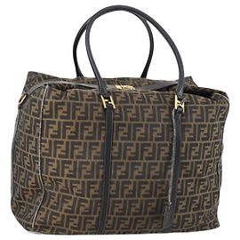 Bolso Boston de lona Zucca FENDI negro y marrón Auth bs30091