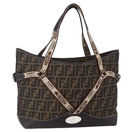 FENDI Zucca Canvas Celeria Tote Bag Schwarz Braun Silber Authentisch am9502