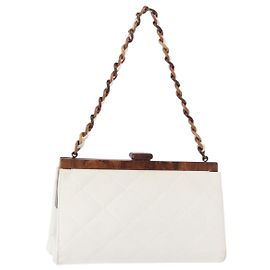 Borsa a spalla con catena in legno CHANEL in pelle di agnello bianco oro CC Auth BA7494