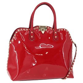 VALENTINO Borsa Rock Studs in pelle verniciata 2 in 1 Rossa Oro Auth bs30313