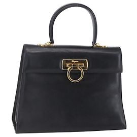 Borsa a mano Gancini in pelle Salvatore Ferragamo oro nero Auth 150953