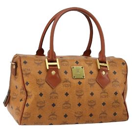 Borsa Boston MCM Logogram Vicetos in pelle PVC marrone e oro Auth gh1075