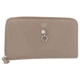 FENDI Langer Geldbeutel Leder Beige Gold Auth am9610