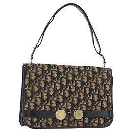 Borsa a Spalla in Tela Trotter Christian Dior Blu Navy Oro Auth ep11984