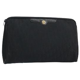 Borsa Clutch in Tela Trotter Christian Dior Nera Oro Auth bs30788