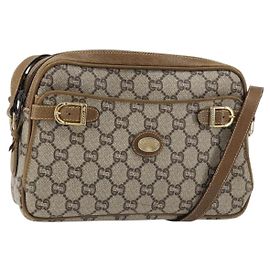 Bolsa de Ombro GUCCI GG Plus Supreme PVC Bege Ouro Auth ep11930