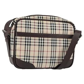 Burberry Bolso de Hombro Nova Check de Lona Beige Plata Auténtico ka066
