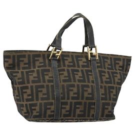Bolso de mano de lona Zucca FENDI marrón negro oro Auth 146809