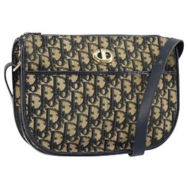 Christian Dior Trotter Canvas Schultertasche Marineblau Gold Auth 152726