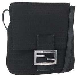 Borsa a Spalla in Tela Zucchino FENDI Nera Argento Auth ka081