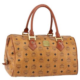Borsa Boston MCM Logogram Vicetos in pelle PVC marrone e oro Auth am9704