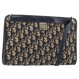 Borsa a Spalla in Tela Trotter Christian Dior Blu Navy Oro Auth 153348