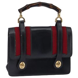 Borsa a mano in pelle GUCCI Bamboo Sherry Line blu navy rosso oro Auth SW1701