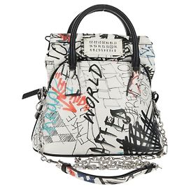 Autre Marque Kettenhandtasche aus Leder 2 in 1 Maison Margiela Weiß Schwarz Silber Auth 128505M
