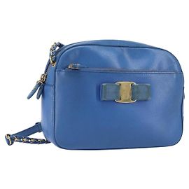 Borsa a Spalla Vala Chain in Pelle Blu Oro Salvatore Ferragamo Auth ka240