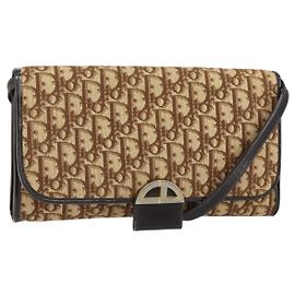 Borsa a Spalla in Tela Trotter Christian Dior Beige Oro Auth 150566